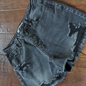 YMI I Black Distressed Dream Denim High Rise Button Fly Cutoff Shorts, 7/28